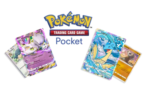 Logo de Pokémon TCG Pocket rodeado de cartas de Mewtwo ex, Snorlax, Lapras y Cubone